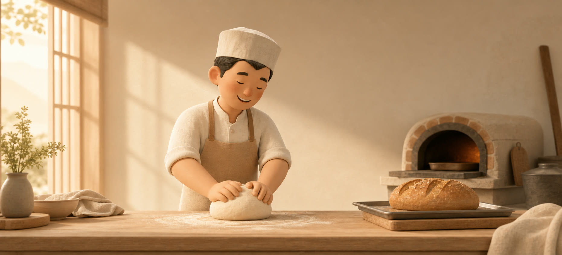 Người thợ bánh mỉm cười bên nhịp sống thường ngày và một khay bánh vừa ra lò