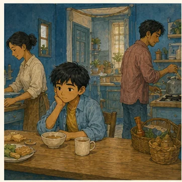 Ben trong ngôi nhà màu xanh khi bố mẹ đang bận